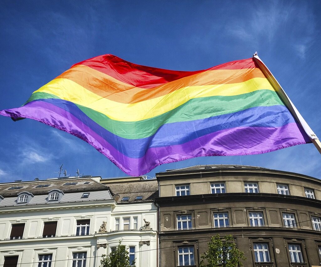 flag, pride, rainbow, symbol, lesbian, banner, homosexual, bisexual, transgender, freedom, blue, proud, march, marching, human, rights, blue sky, lgbtiqa, nature, pride month, rainbow flag, world pride
